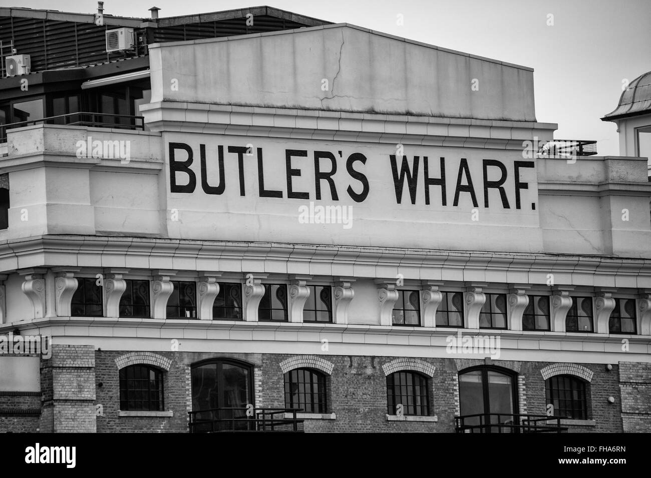 Butlers Wharf facade on London`s River Thames waterfront Stock Photo